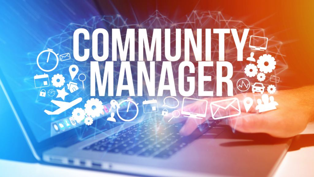 community manager : ordinateur, couelur bleu et orange
